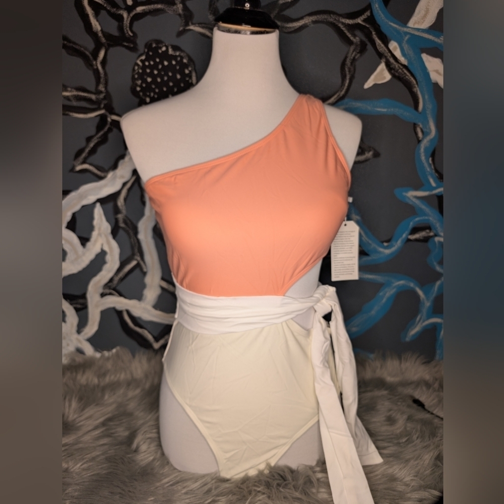 NWT One-Shoulder Peach and White Swimsuit